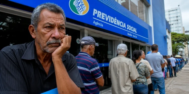 Homem aguarda atendimento diante de agência do INSS enquanto fila de beneficiários se estende pela calçada