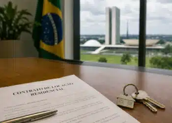 Contrato de locação residencial e chaves sobre mesa, com o Congresso Nacional ao fundo em Brasília.