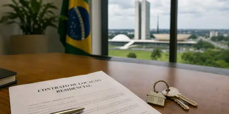 Contrato de locação residencial e chaves sobre mesa, com o Congresso Nacional ao fundo em Brasília.