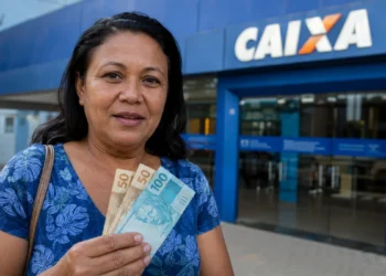 Mulher segura cédulas em frente a uma agência da Caixa, representando a antecipação do Bolsa Família de agosto em sete estados.