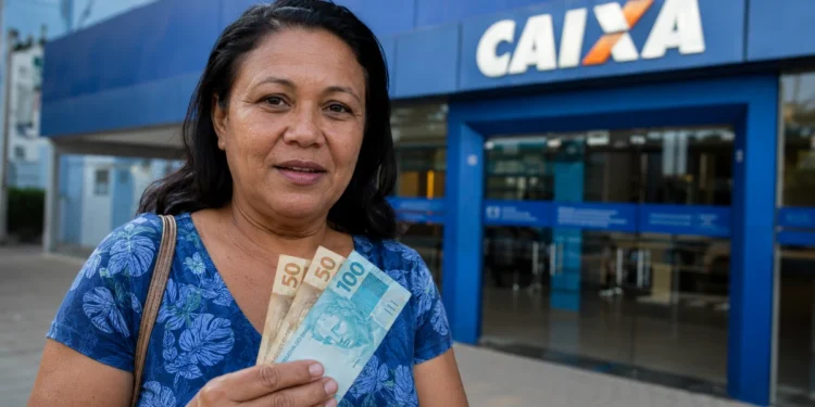 Mulher segura cédulas em frente a uma agência da Caixa, representando a antecipação do Bolsa Família de agosto em sete estados.