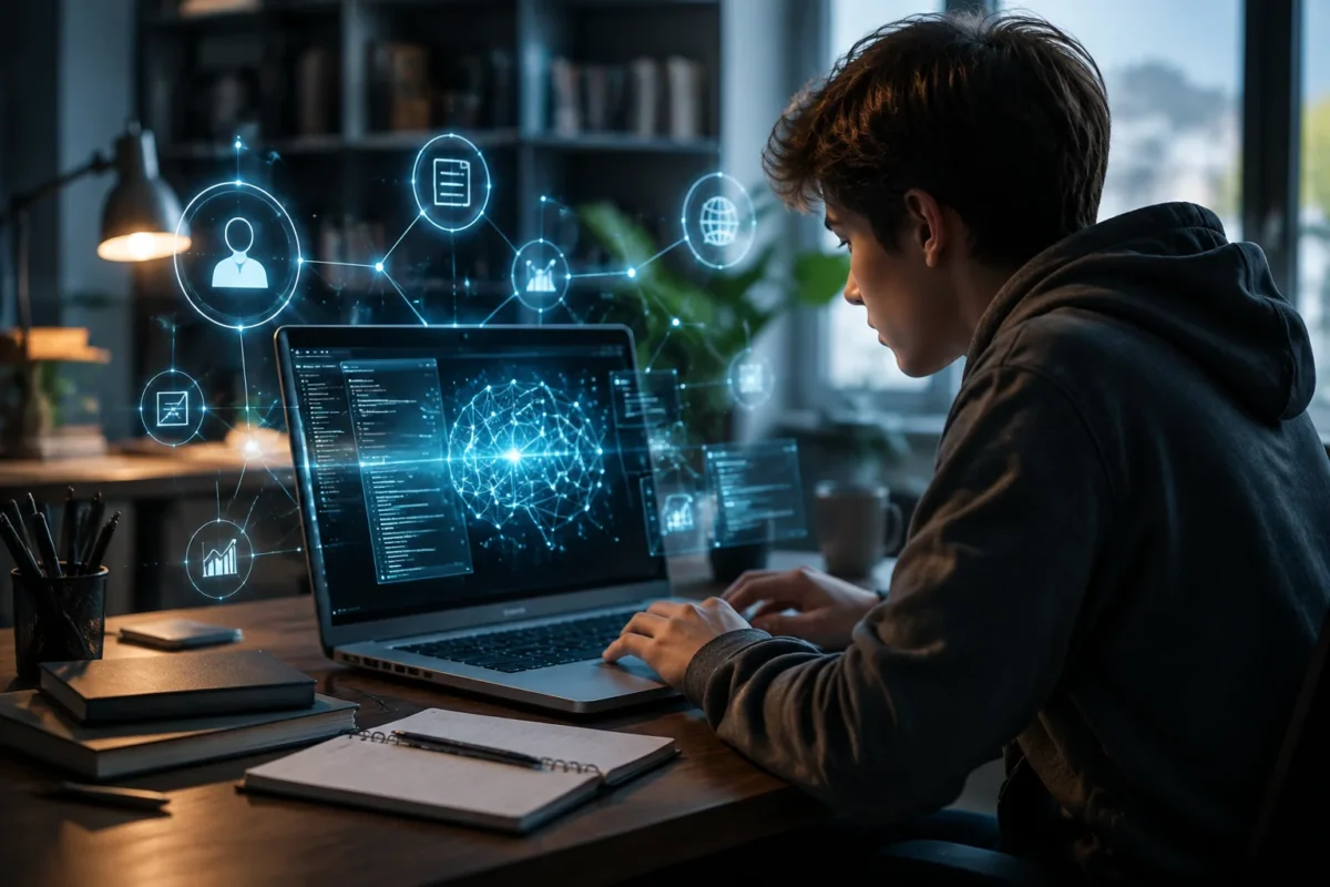 Jovem estudando inteligência artificial em notebook com elementos tecnológicos ao redor em ambiente de aprendizado