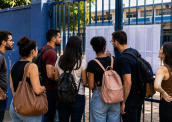 Candidatos consultam lista de aprovados em frente a uma escola após etapas do Concurso Nacional Unificado.