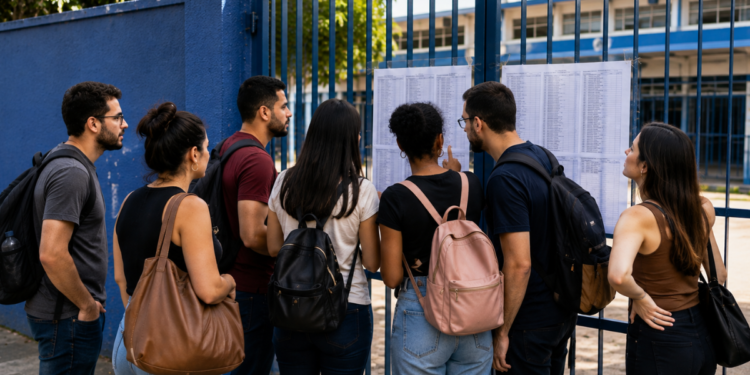 Candidatos consultam lista de aprovados em frente a uma escola após etapas do Concurso Nacional Unificado.