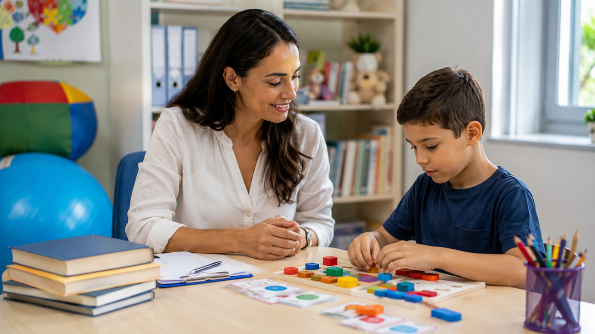 Profissional acompanha criança em atividade educativa relacionada à aprendizagem e ao desenvolvimento cognitivo.