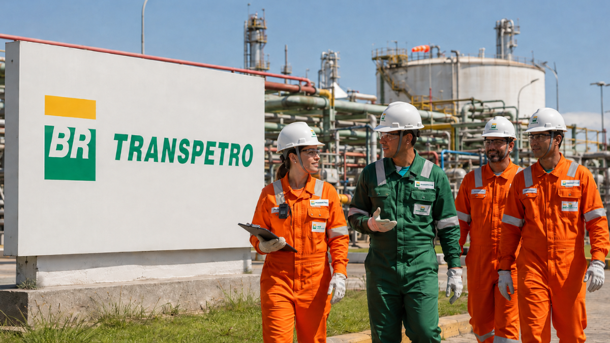 Funcionários uniformizados da Transpetro em área industrial durante atividades operacionais da empresa.