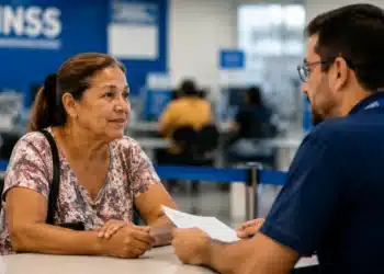 Senhora brasileira recebe atendimento presencial de servidor do INSS em agência da Previdência Social, representando a ação especial com mais de 12 mil vagas.