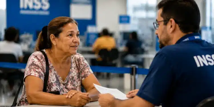 Senhora brasileira recebe atendimento presencial de servidor do INSS em agência da Previdência Social, representando a ação especial com mais de 12 mil vagas.
