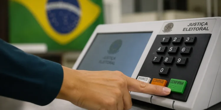 Mão de eleitor pressionando botão de confirmação em urna eletrônica durante votação no Brasil