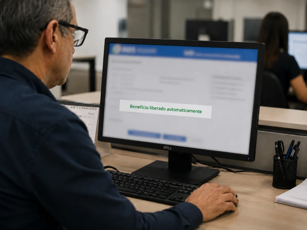 Homem acompanha em computador a liberação automática de benefício após recurso aprovado.