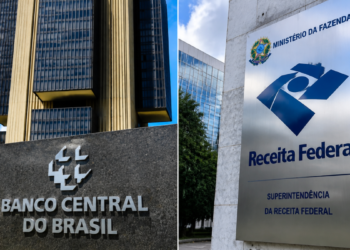 Fachadas do Banco Central do Brasil e da Receita Federal representando concursos públicos com novas atualizações.