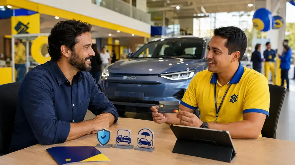 Motorista de aplicativo recebe atendimento sobre seguros, cartões e assistências ligados ao financiamento de carro elétrico em uma agência do Banco do Brasil.