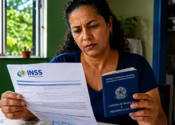 Mulher analisa documento do INSS segurando carteira de trabalho para entender regras de benefícios sem carência