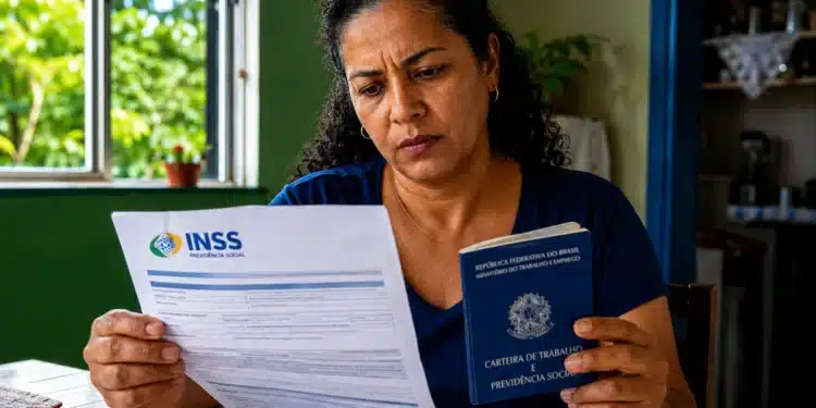 Mulher analisa documento do INSS segurando carteira de trabalho para entender regras de benefícios sem carência