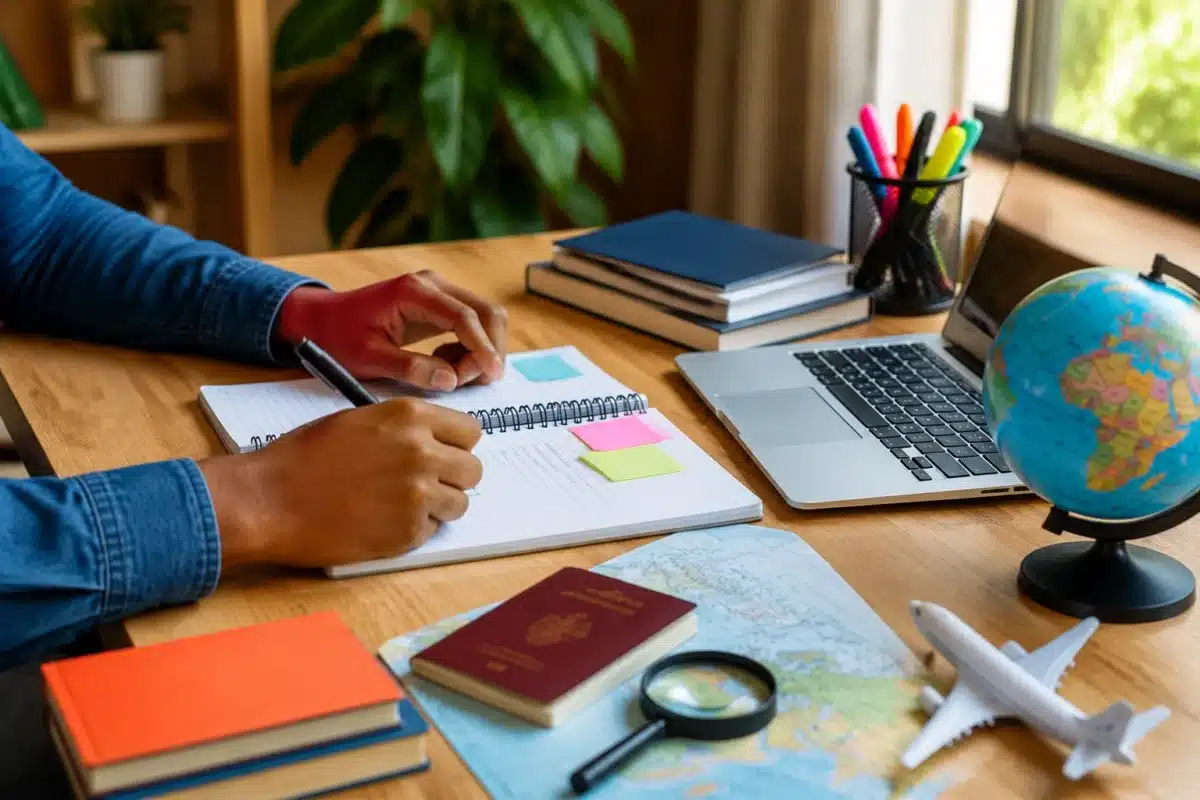 beneficios para estudantes brasileiros com bolsa no exterior Mãos de estudante escrevendo em caderno ao lado de notebook, livros, globo e materiais de estudo para experiência acadêmica no exterior