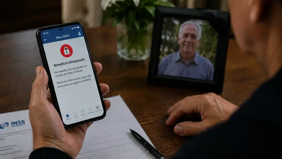 Bloqueio de benefício do INSS após registro de óbito Celular exibe aviso de benefício do INSS bloqueado após falecimento do segurado