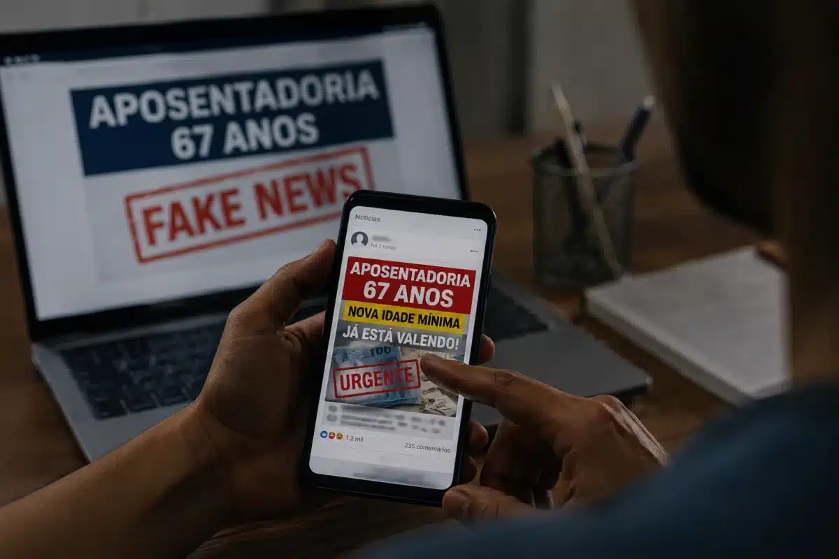 Boato sobre aposentadoria aos 67 anos circula nas redes sociais Pessoa visualizando no celular uma publicação falsa sobre o aumento da idade mínima da aposentadoria para 67 anos.