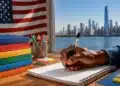 Estudante escreve em caderno diante de cenário dos Estados Unidos, representando bolsa de estudos internacional