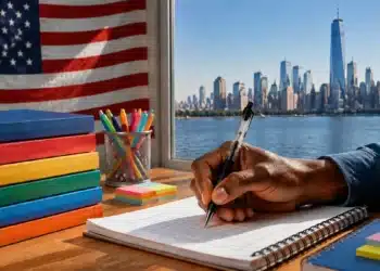 Estudante escreve em caderno diante de cenário dos Estados Unidos, representando bolsa de estudos internacional