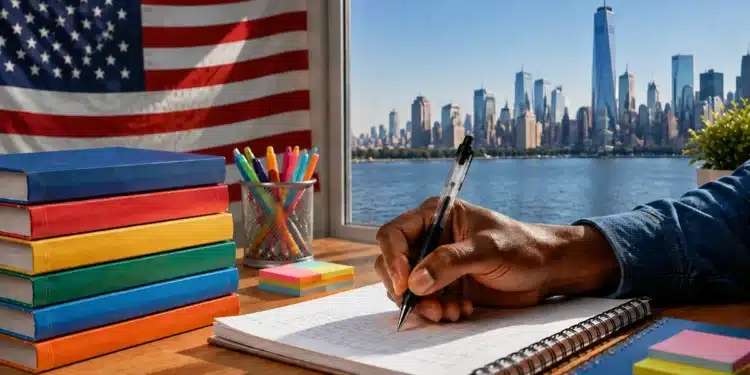 Estudante escreve em caderno diante de cenário dos Estados Unidos, representando bolsa de estudos internacional