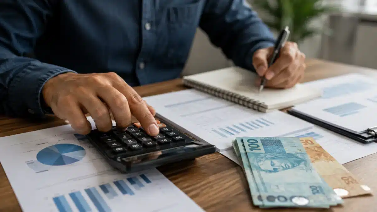 Pessoa faz cálculos em uma calculadora ao lado de cédulas de real e gráficos financeiros sobre o reajuste do salário mínimo.