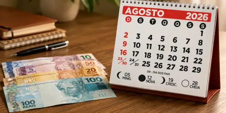 Calendário de agosto de 2026 ao lado de cédulas de real sobre uma mesa, ilustrando o calendário de pagamentos do Bolsa Família, INSS e Pé-de-Meia.