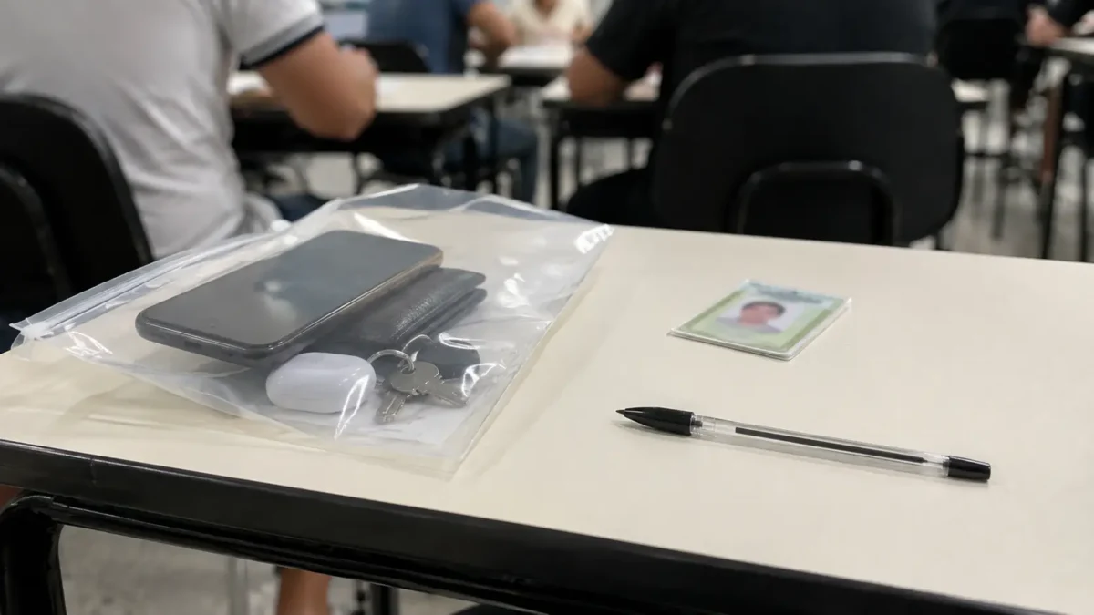 Caneta preta transparente sobre mesa de prova com envelope porta-objetos e documento de identificação