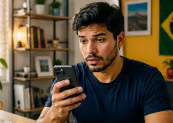 Homem usando celular em ambiente residencial com atenção ao aparelho durante ação de proteção contra roubo e furto pelo Celular Seguro.