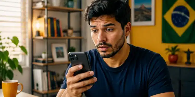 Homem usando celular em ambiente residencial com atenção ao aparelho durante ação de proteção contra roubo e furto pelo Celular Seguro.