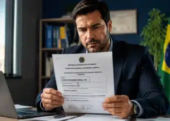 Homem segurando documento de CNPJ alfanumérico emitido pela Receita Federal em novo modelo de identificação empresarial