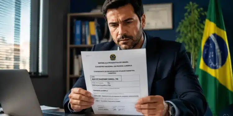 Homem segurando documento de CNPJ alfanumérico emitido pela Receita Federal em novo modelo de identificação empresarial