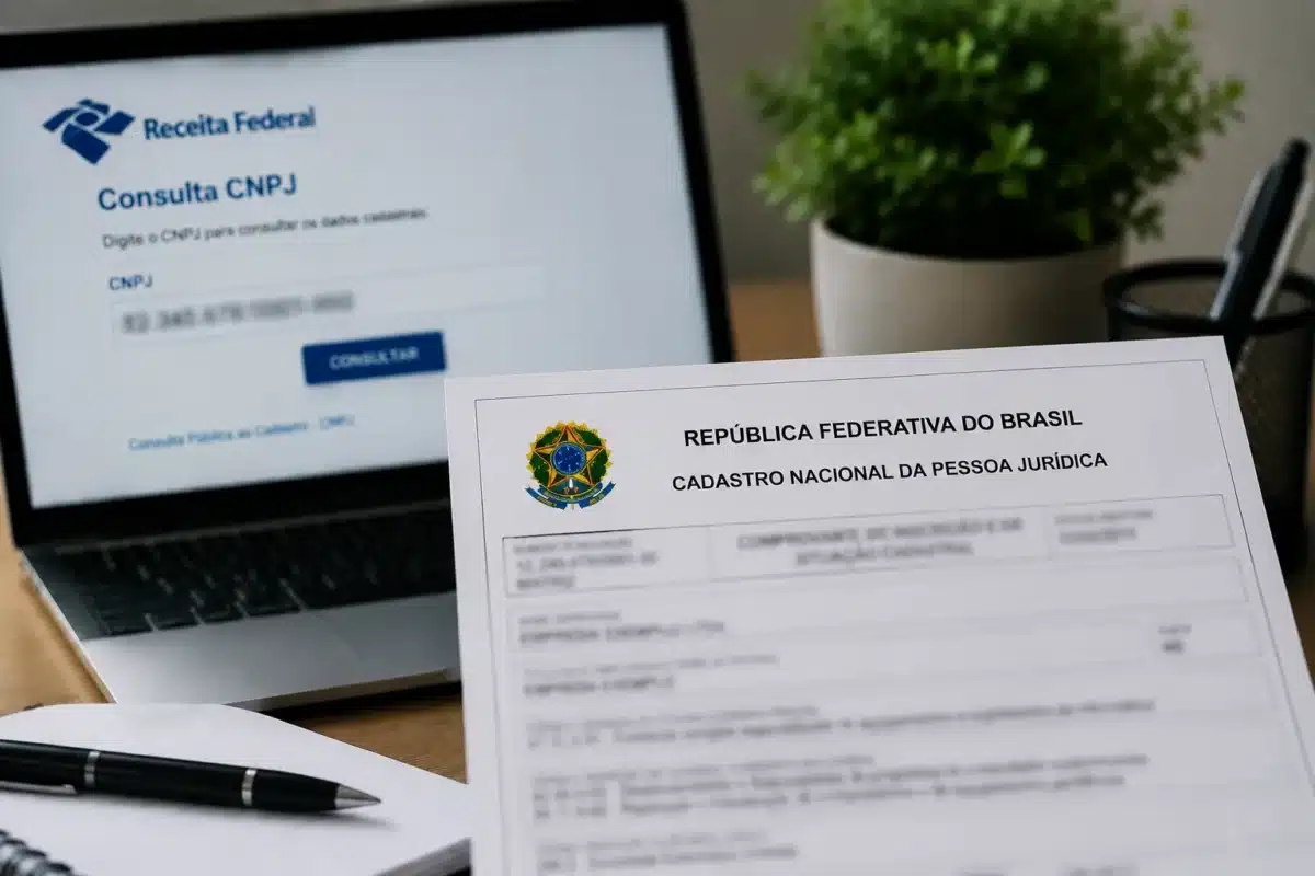 CNPJ de empresas existentes permanece válido sem necessidade de alteração Documento de CNPJ válido em destaque sobre mesa de escritório com consulta cadastral ao fundo indicando manutenção dos registros existentes