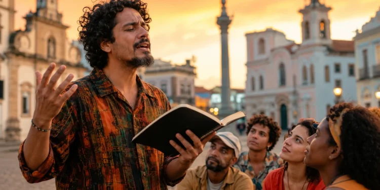 Poeta declamando versos com livro aberto diante de ouvintes em praça histórica brasileira.
