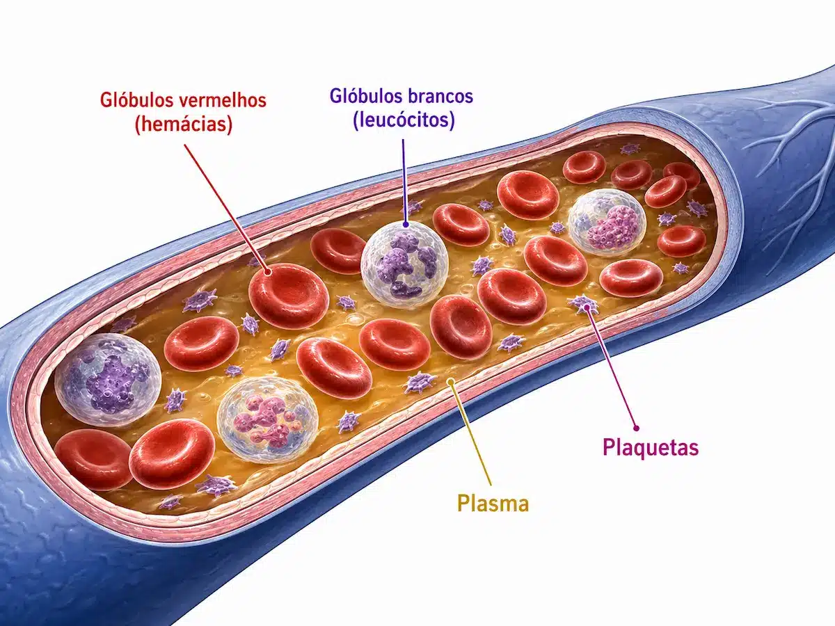 Ilustração mostra os principais componentes do sangue, incluindo glóbulos vermelhos, glóbulos brancos, plaquetas e plasma.