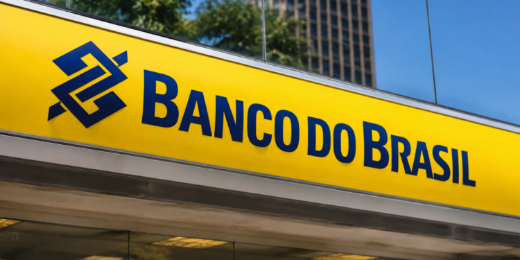 Fachada do Banco do Brasil com destaque para a identidade visual da instituição.