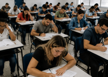 Candidatos realizam prova de concurso público em sala de aplicação da PM SP para oficiais.