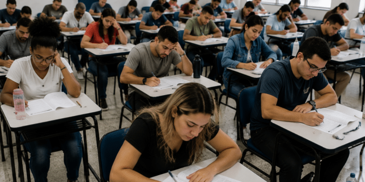 Candidatos realizam prova de concurso público em sala de aplicação da PM SP para oficiais.