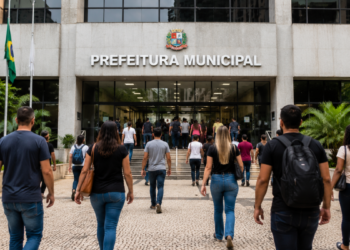 Pessoas caminhando em direção à entrada de uma Prefeitura Municipal durante seleção pública.