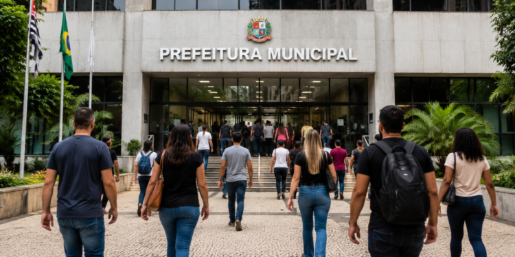 Pessoas caminhando em direção à entrada de uma Prefeitura Municipal durante seleção pública.