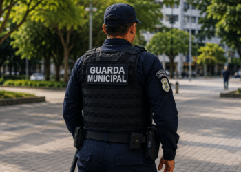 Guarda Municipal fardado, visto de costas, em área urbana, representando concurso para Guarda Municipal Escolar no Ceará.