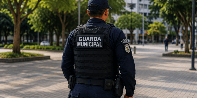 Guarda Municipal fardado, visto de costas, em área urbana, representando concurso para Guarda Municipal Escolar no Ceará.