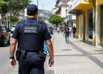 Guarda municipal fardado patrulha rua de cidade durante ação de segurança pública.