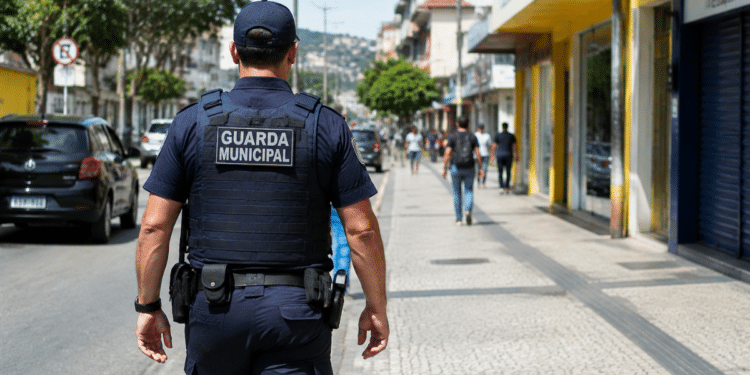 Guarda municipal fardado patrulha rua de cidade durante ação de segurança pública.