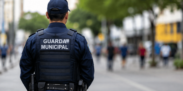 Guarda Municipal fardado em área urbana representando concurso público para segurança municipal.