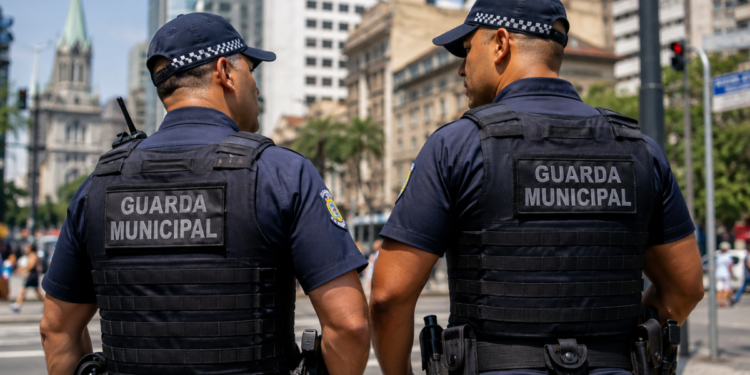 Dois guardas municipais de costas conversam em uma área urbana, representando a expectativa por novo concurso da Guarda Municipal de Natal-RN.