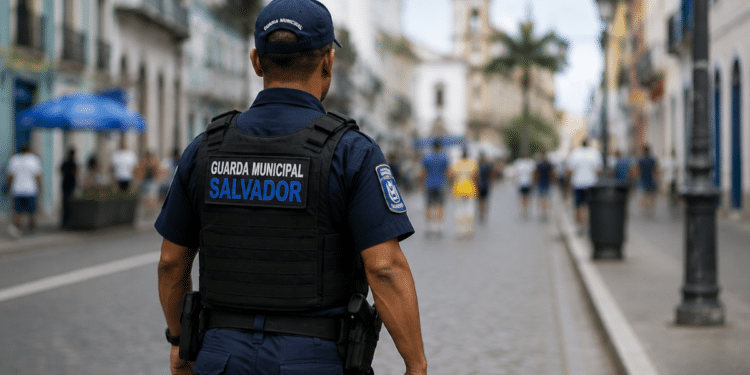 Guarda Municipal de Salvador caminhando em via pública durante patrulhamento, representando o concurso com previsão de 300 vagas.
