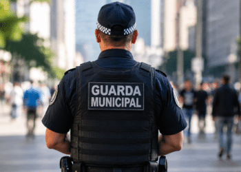 Guarda municipal fardado em área urbana representando concurso da Guarda Municipal de Santana AP.