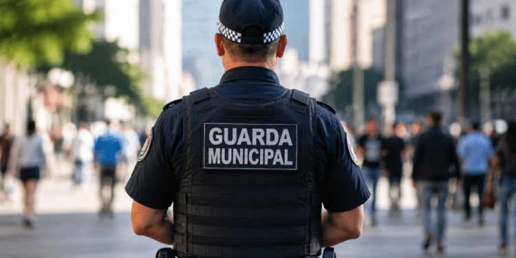 Guarda municipal fardado em área urbana representando concurso da Guarda Municipal de Santana AP.