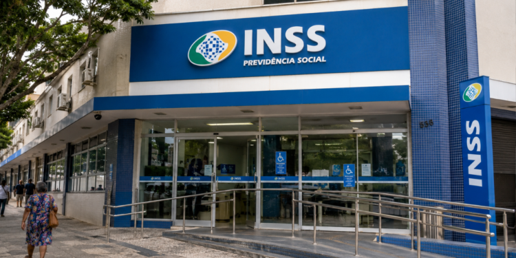 Fachada de uma agência do INSS com identificação da Previdência Social.
