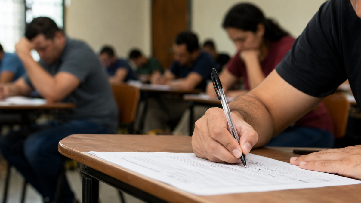 Candidato preenche prova de concurso público com caneta preta em sala de aula, representando o concurso do MPU.